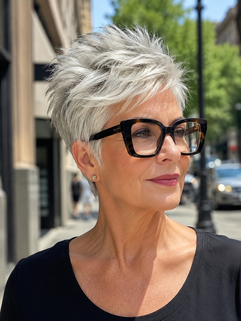 woman over 70 with a spiky white pixie cut wearing bold black glasses outdoors
