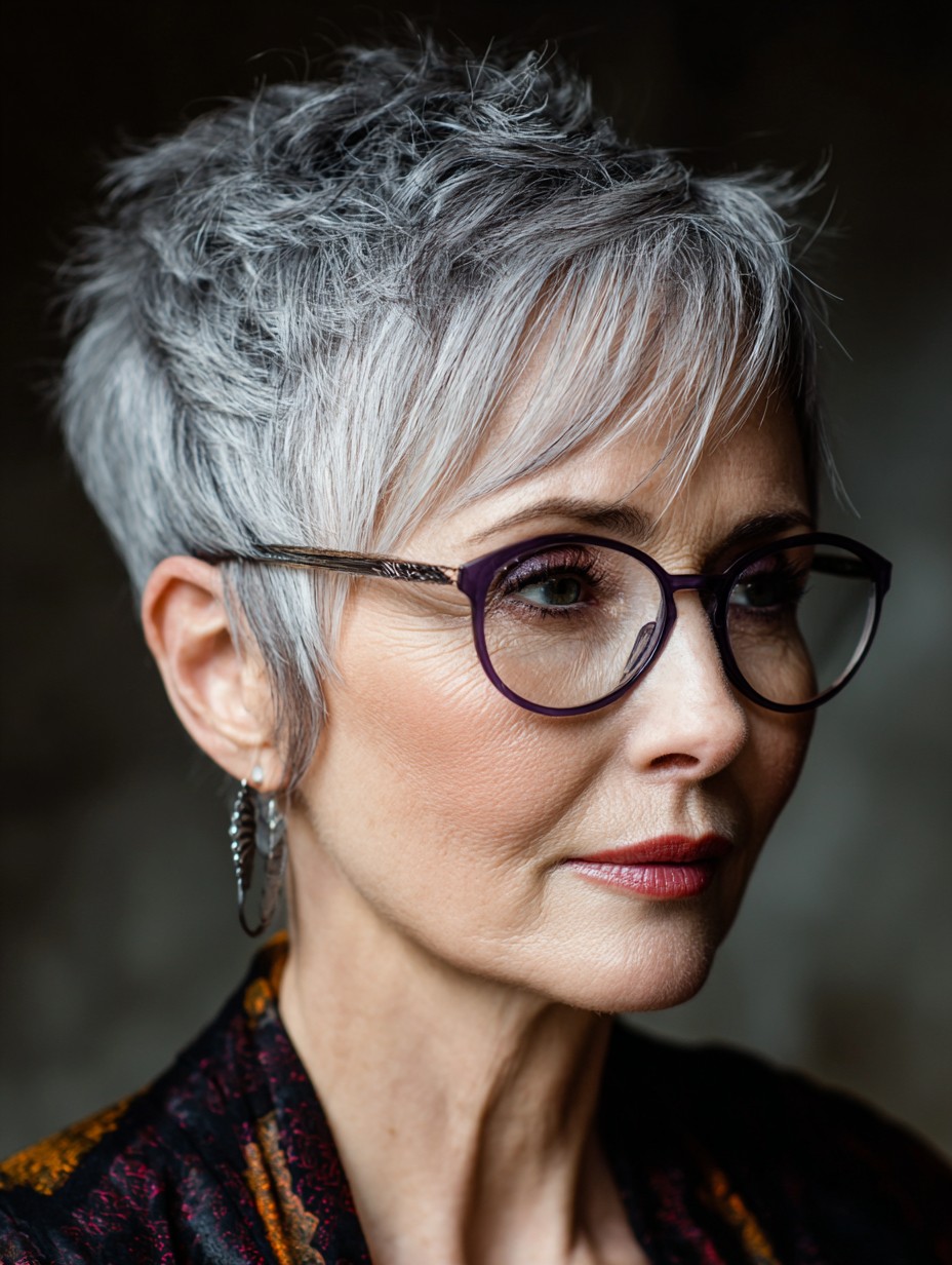 woman over 70 with a piecey salt-and-pepper pixie cut wearing purple glasses