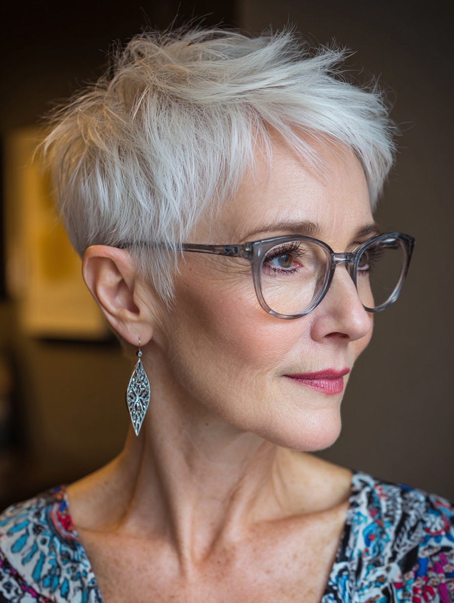 side view of a woman over 70 with a white pixie cut and long side fringe wearing glasses