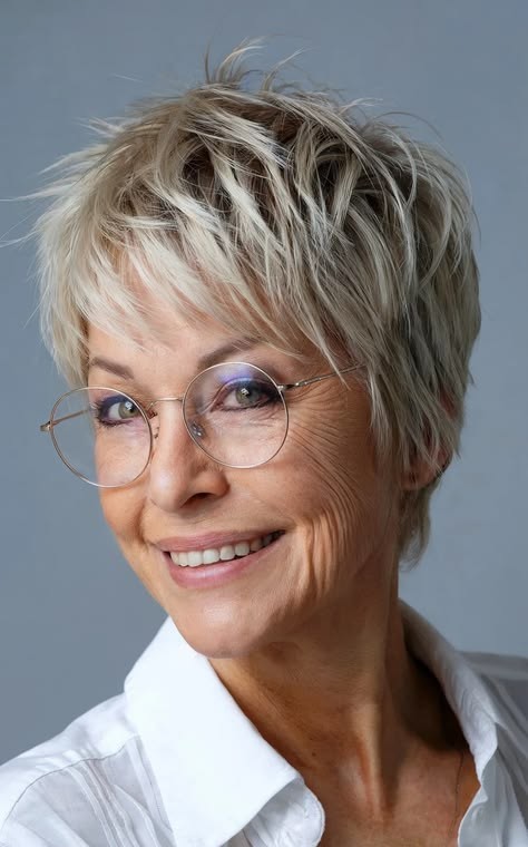 smiling woman over 70 with a shaggy silver pixie cut wearing wire glasses