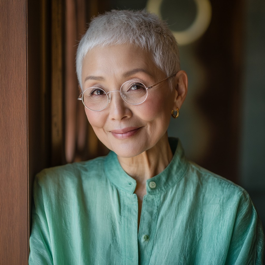 Asian woman over 70 with a close-cropped white pixie wearing round glasses