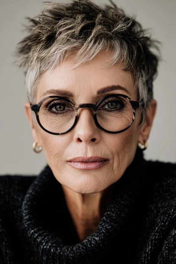 woman over 70 with a two-tone spiky pixie cut wearing oversized glasses