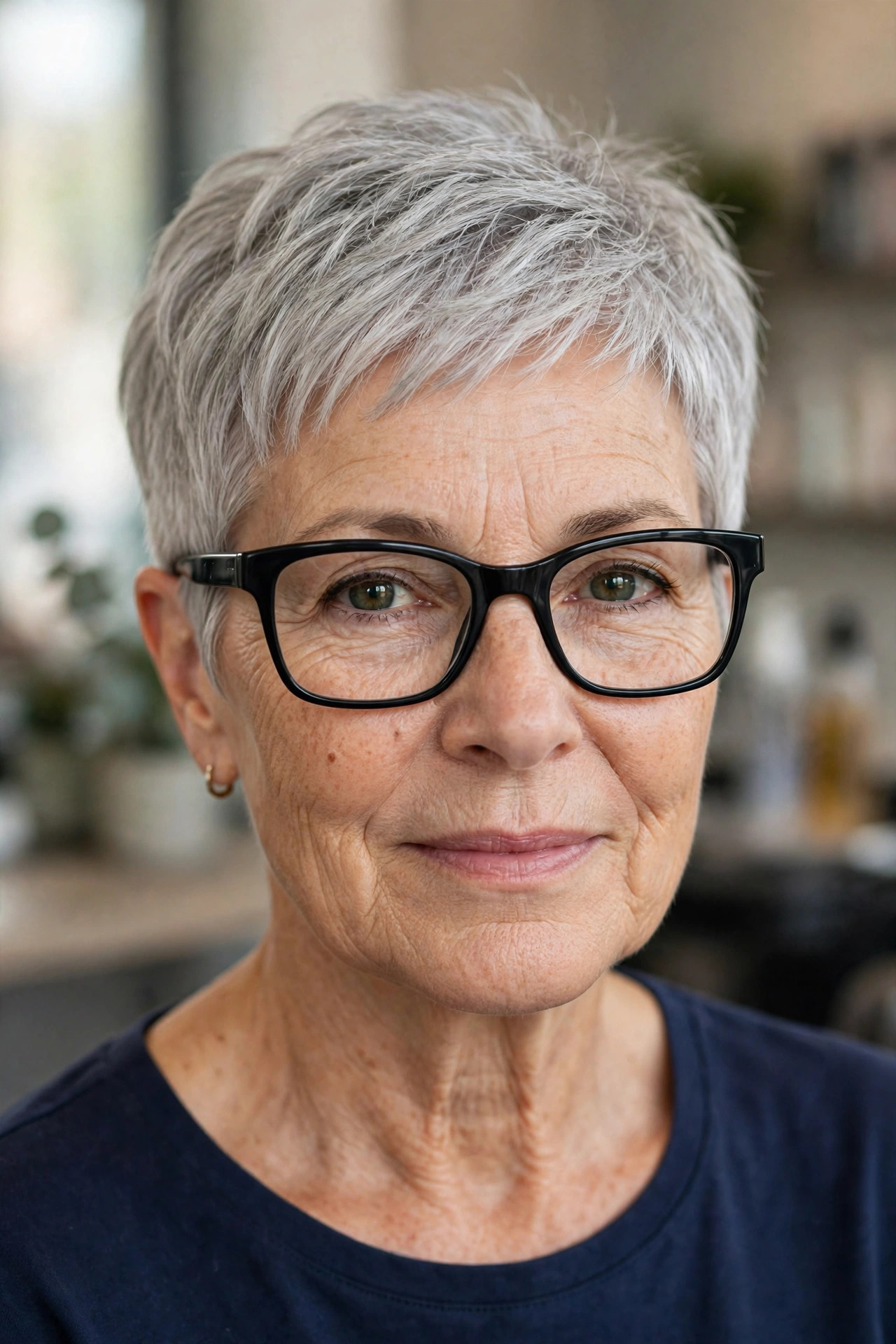 Classic silver pixie cut with clean tapered sides and bold black glasses on a woman over 50