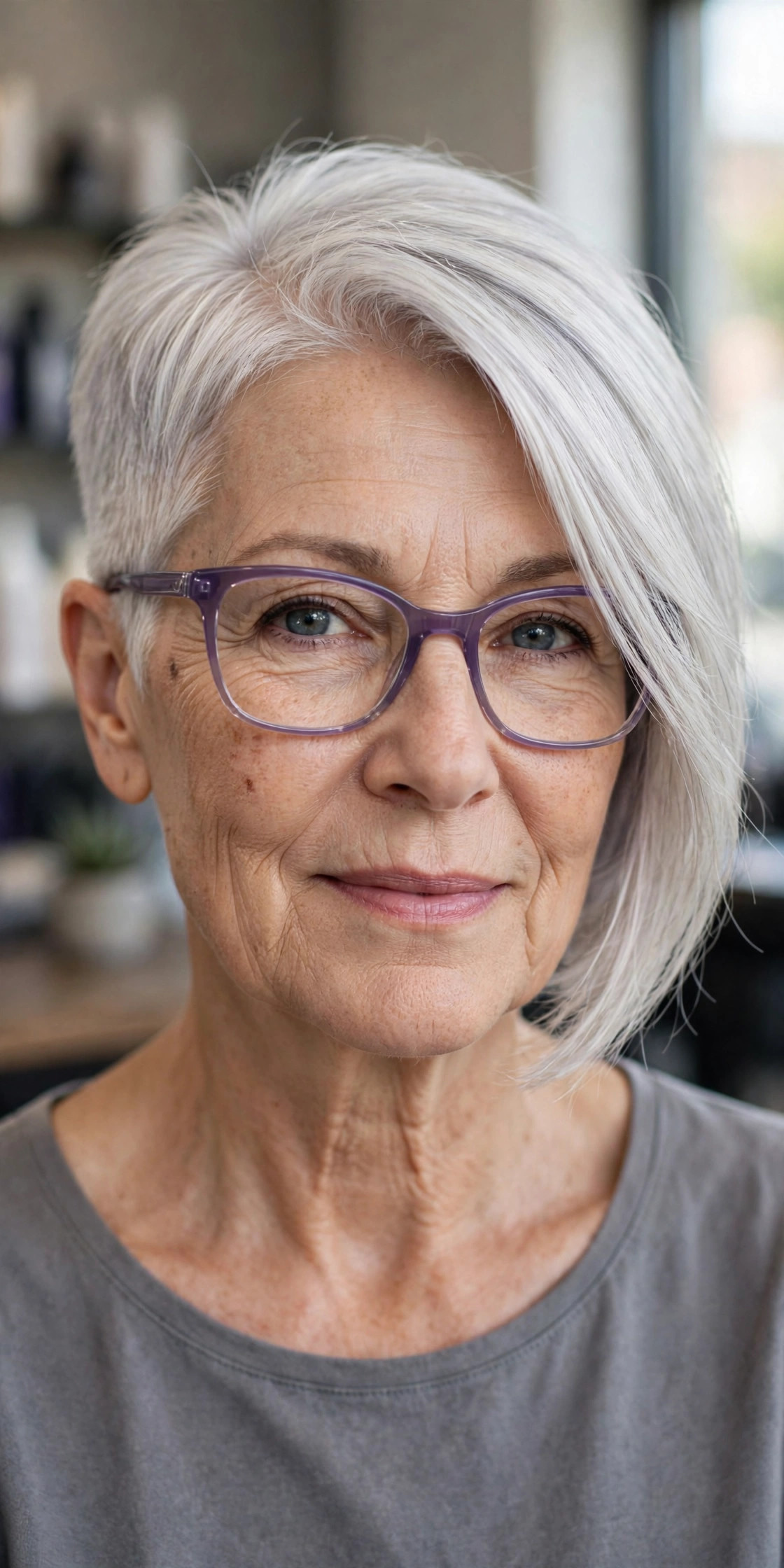 Asymmetric silver pixie cut with purple glasses on a woman over 50