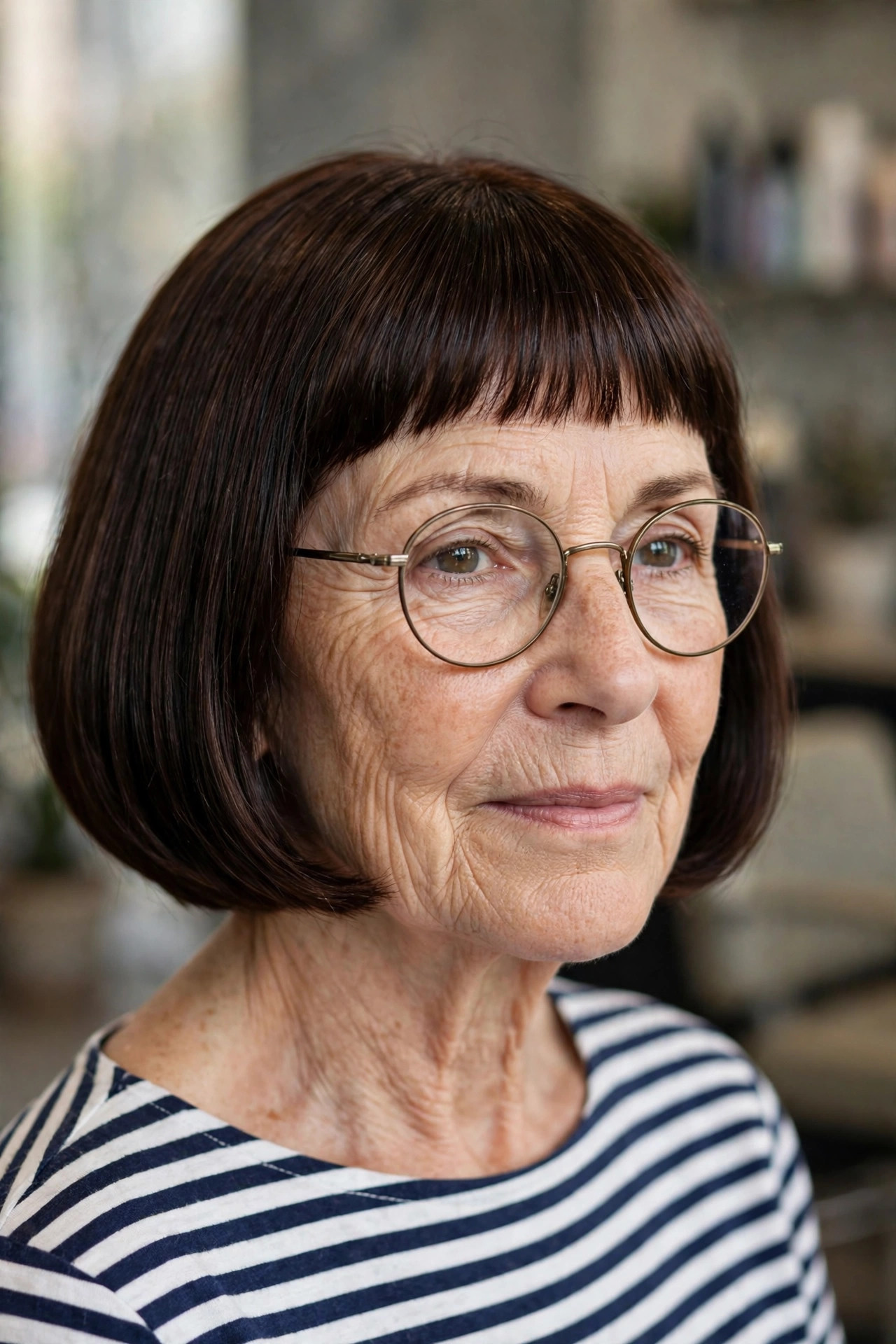 French bob with micro fringe and round vintage glasses on a woman over 50