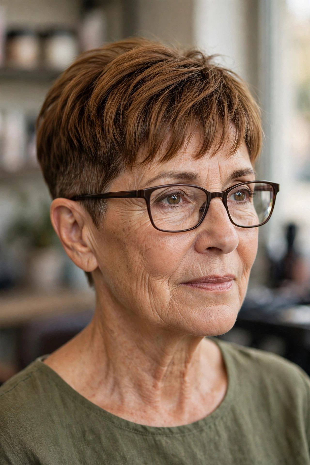 Tapered crop with textured fringe and slim rectangular glasses on a woman over 50