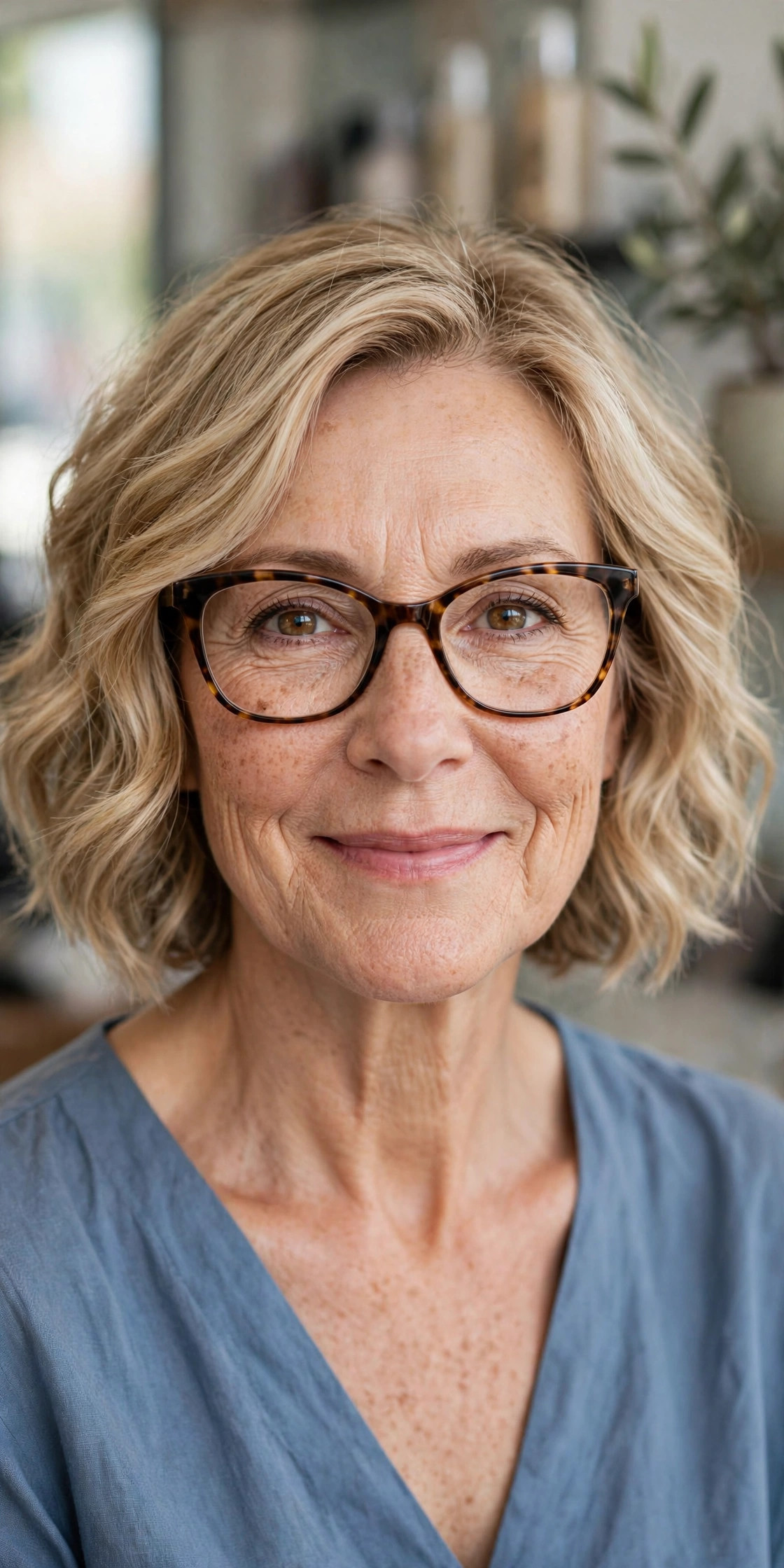 Short wavy bob with soft layers and tortoiseshell cat-eye glasses on a woman over 50