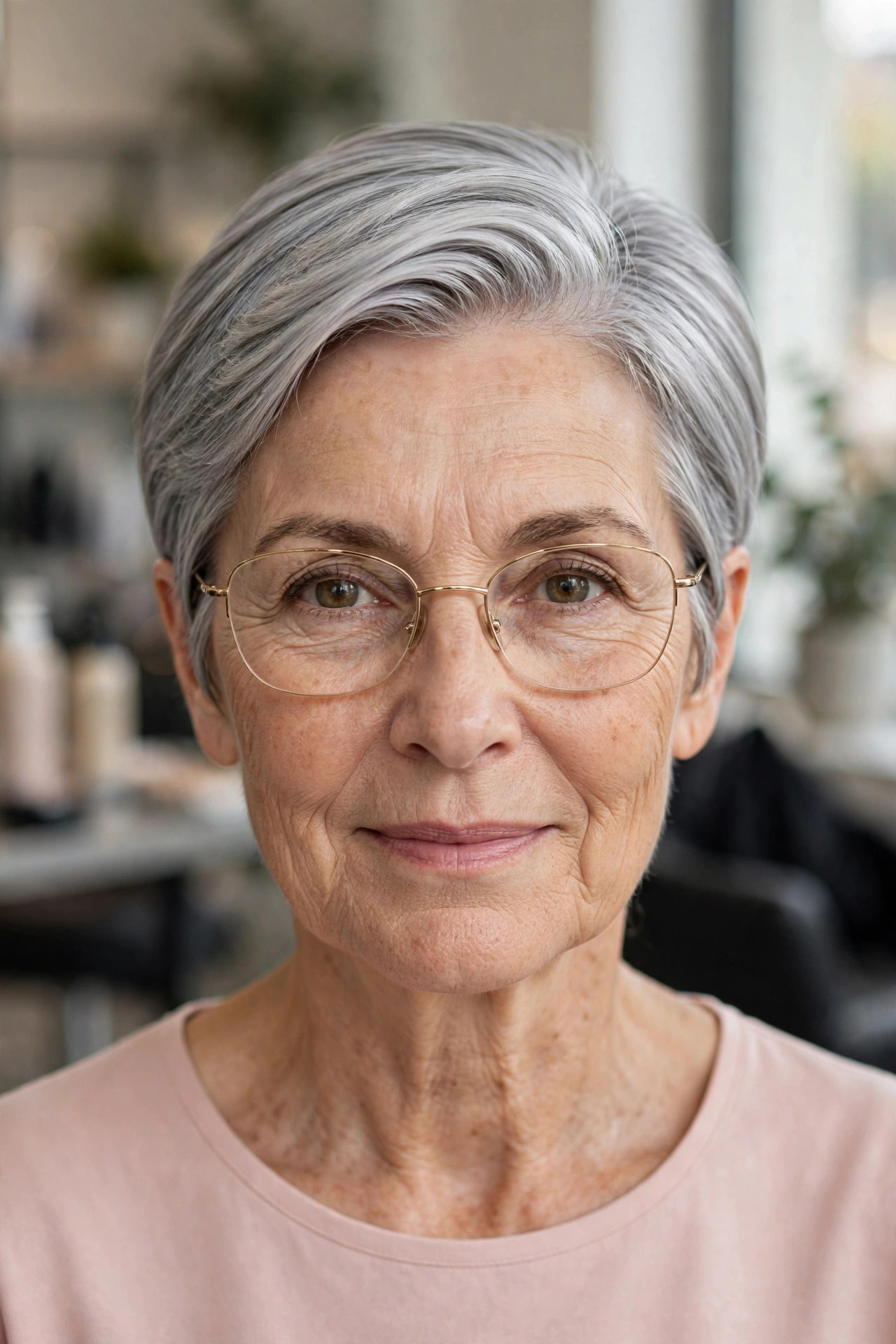 Sleek silver pixie bob with thin gold glasses on a woman over 50
