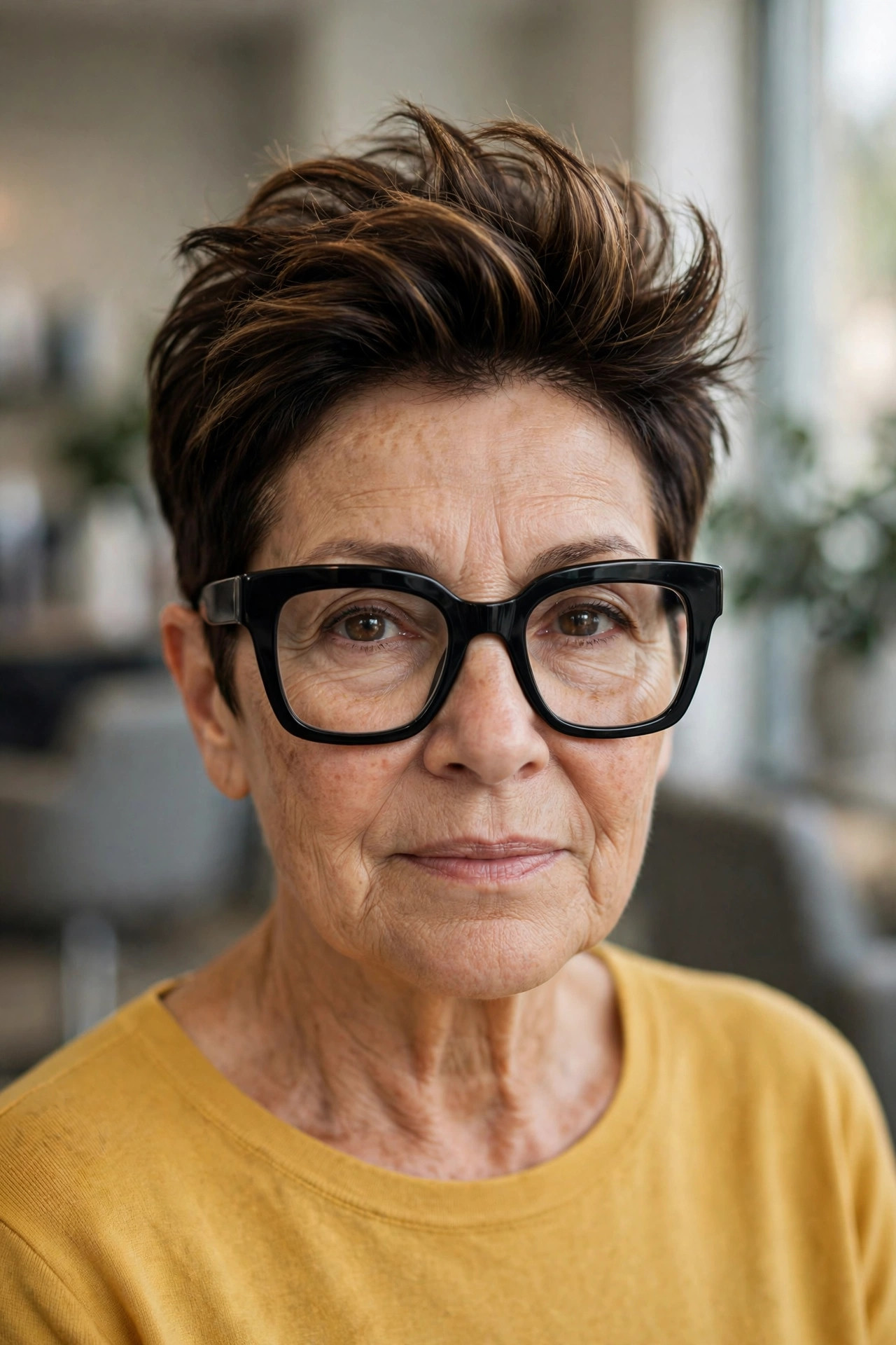 Short crop with lifted crown volume and bold chunky black glasses on a woman over 50