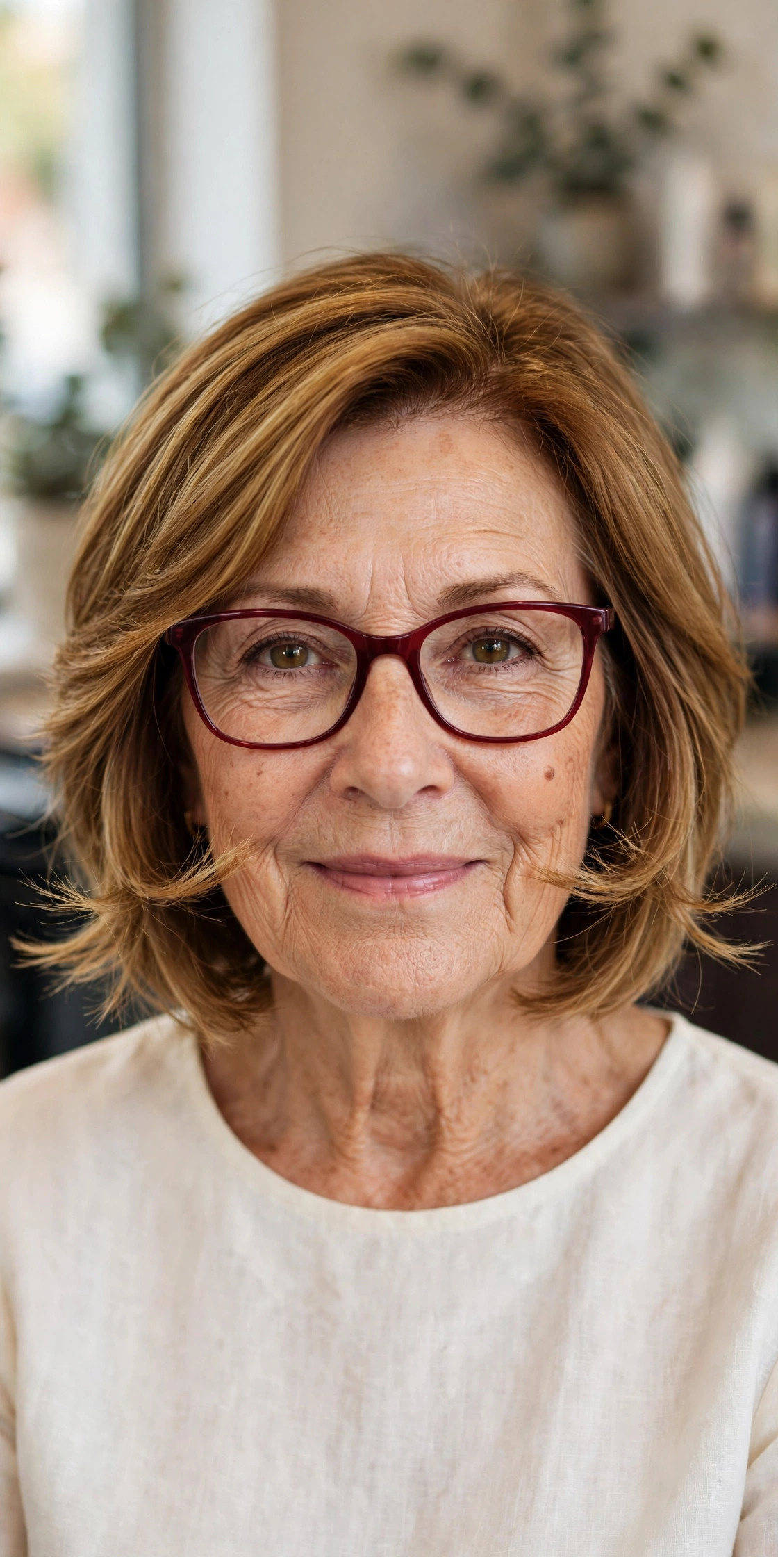 Side-parted layered bob with feathered ends and burgundy glasses on a woman over 50