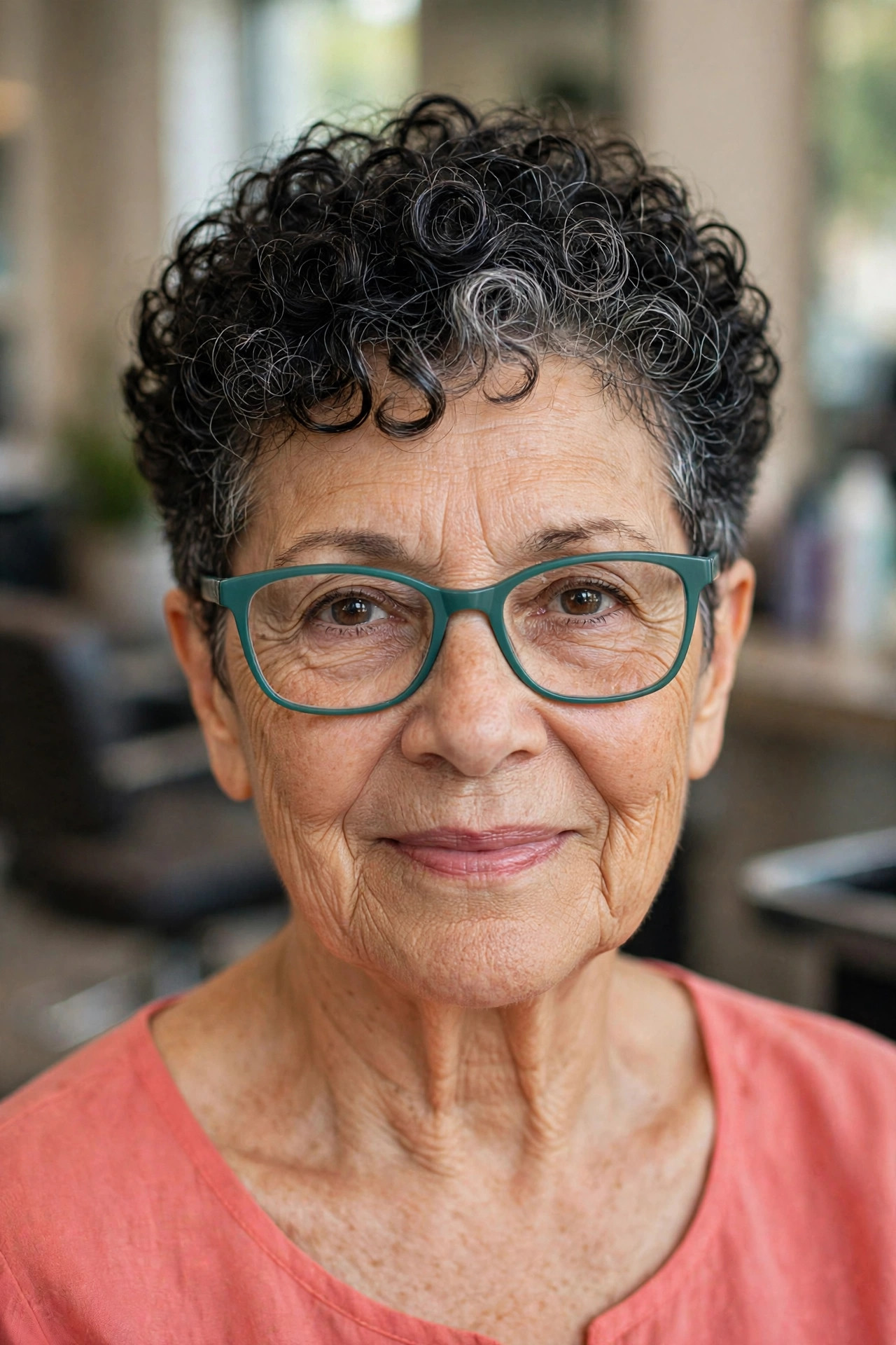 Short curly crop with defined curls and teal glasses on a woman over 50