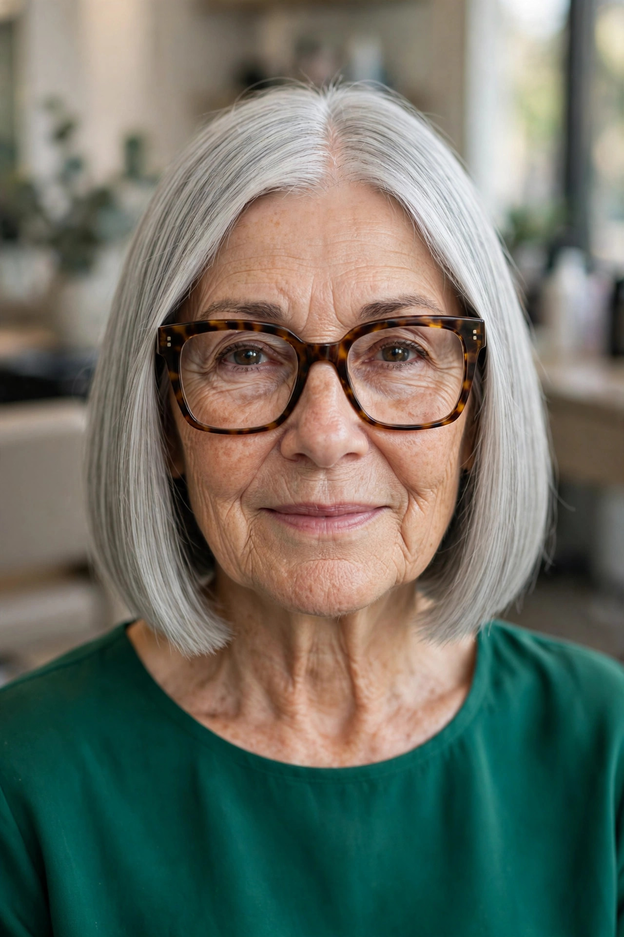 Blunt silver gray bob with center part and oversized tortoiseshell glasses on a woman over 50