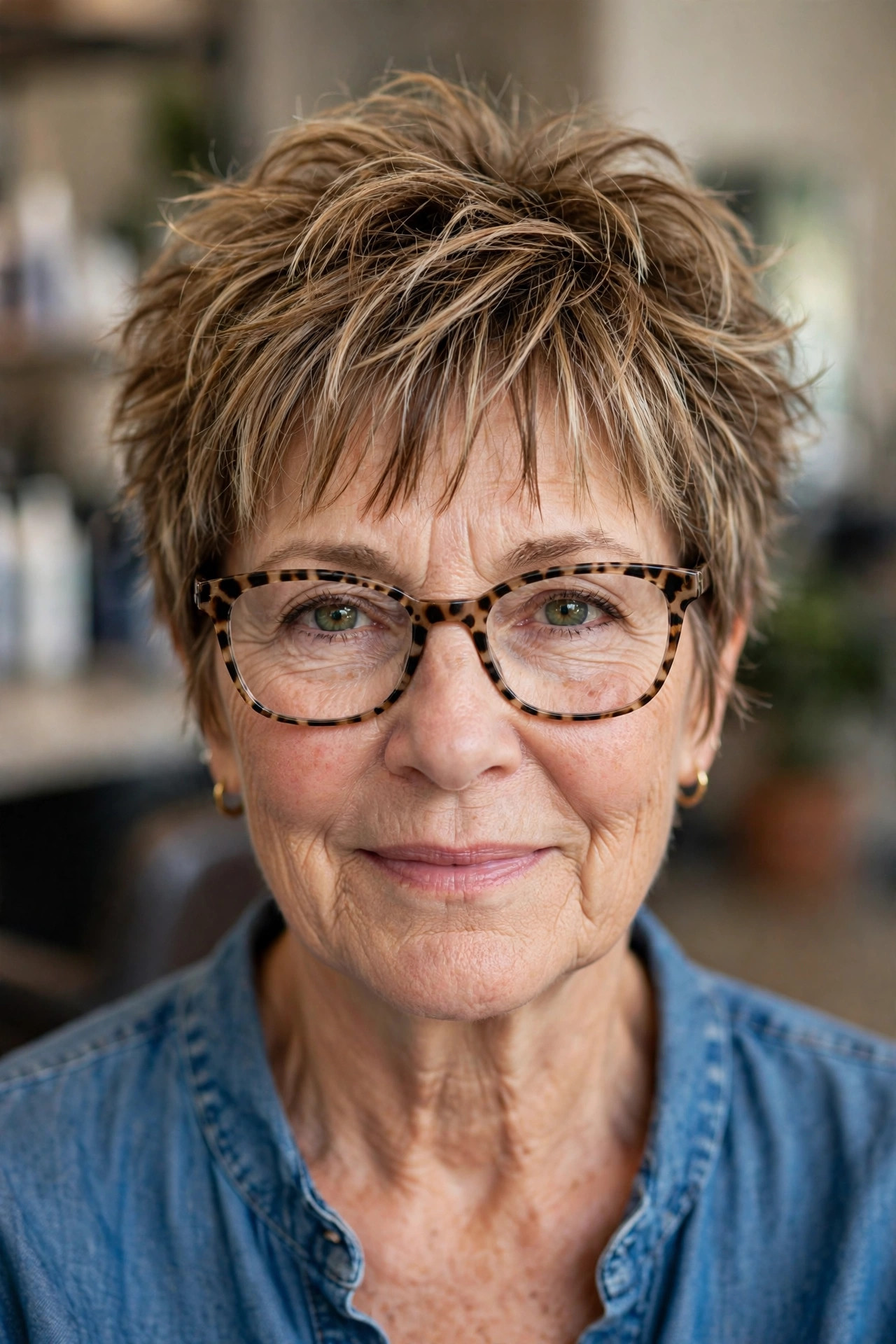 Tousled textured crop with piecey fringe and leopard print glasses on a woman over 50