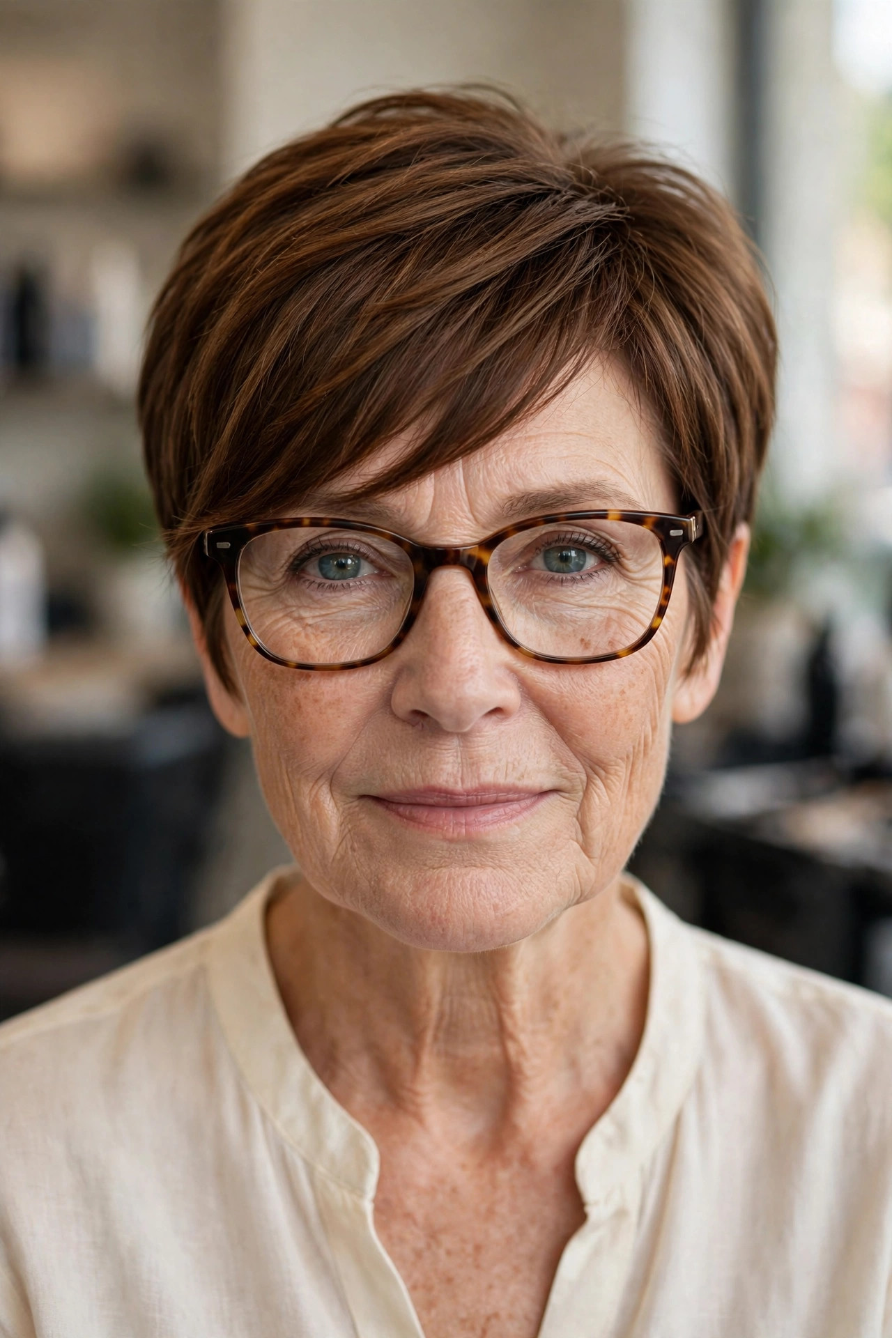 Layered pixie cut with long side-swept fringe and tortoiseshell glasses on a woman over 50