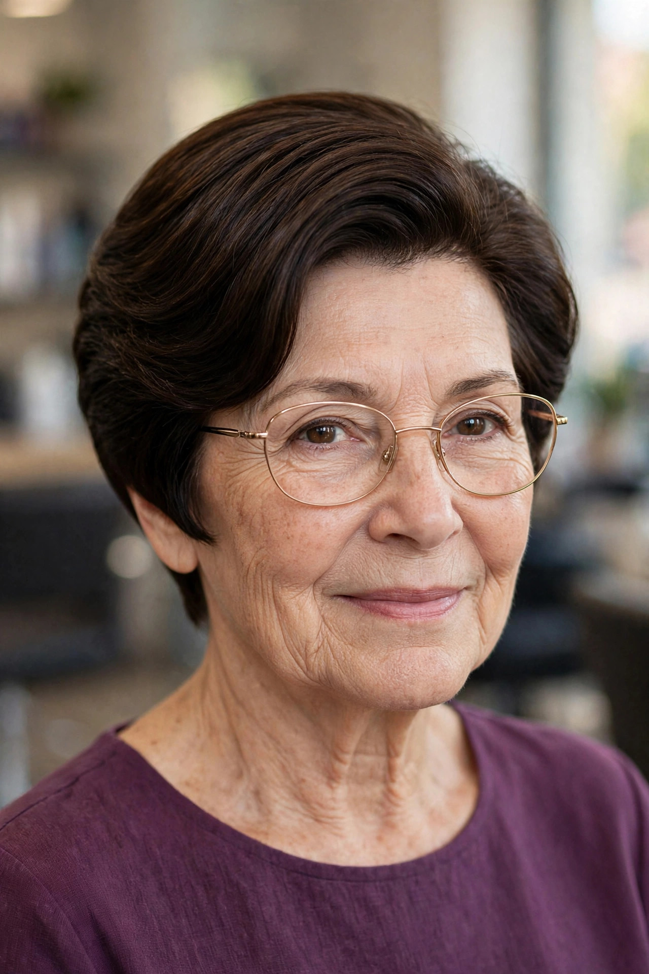 Polished wedge haircut with thin gold oval glasses on a woman over 50
