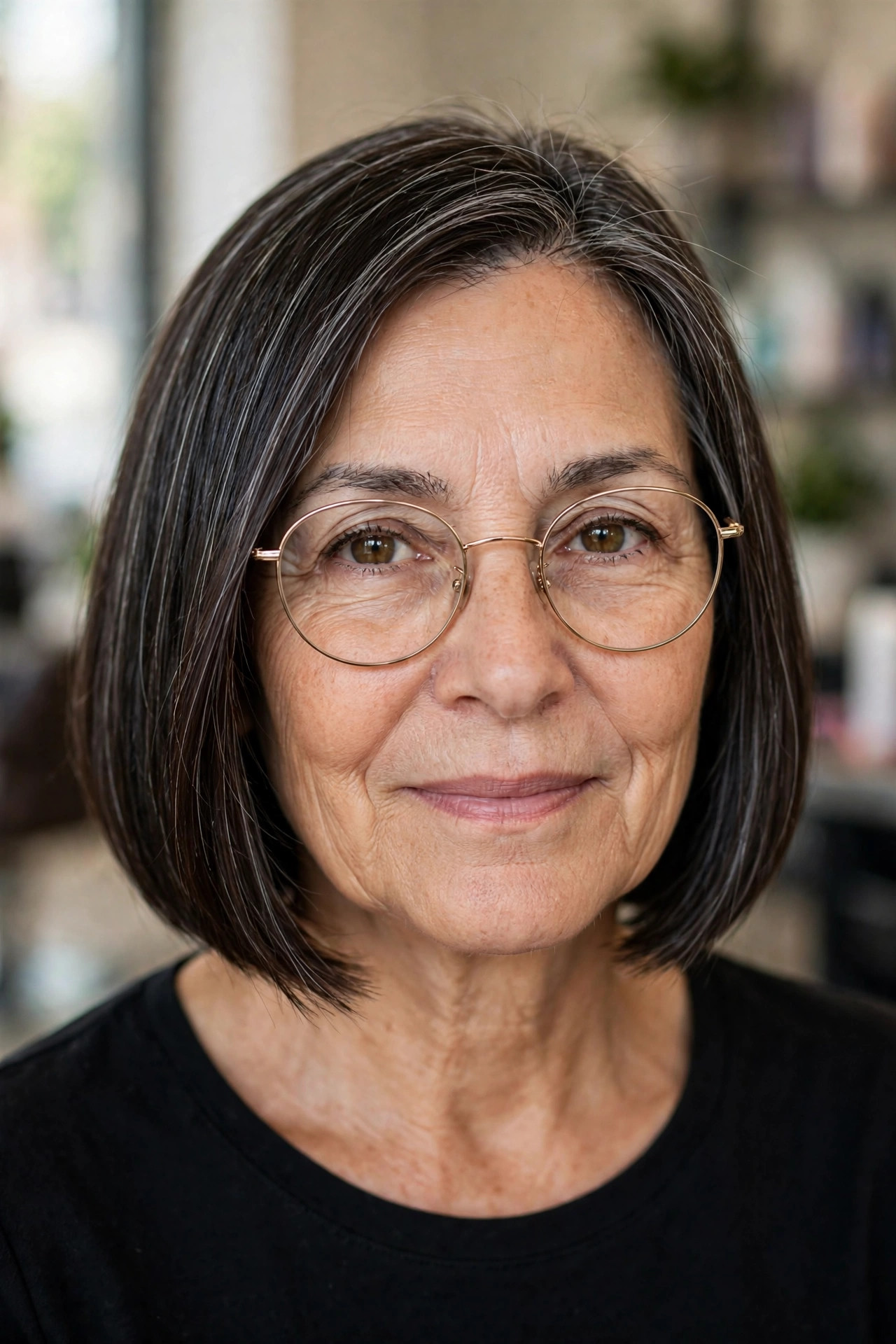 Sleek chin-length blunt bob with thin round gold glasses on a woman over 50