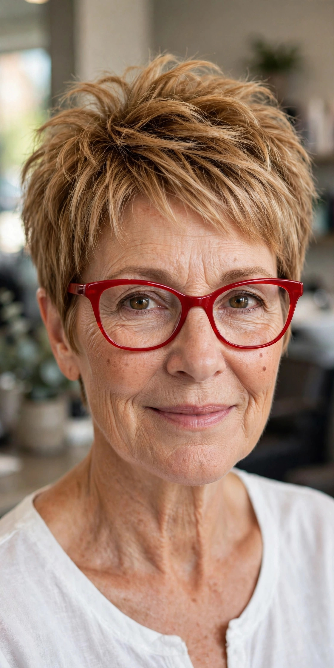 Textured cropped pixie with crown volume and red cat-eye glasses on a woman over 50