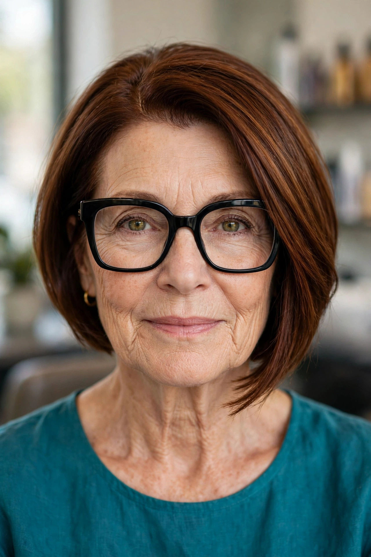 Angled bob with deep side part and oversized square glasses on a woman over 50