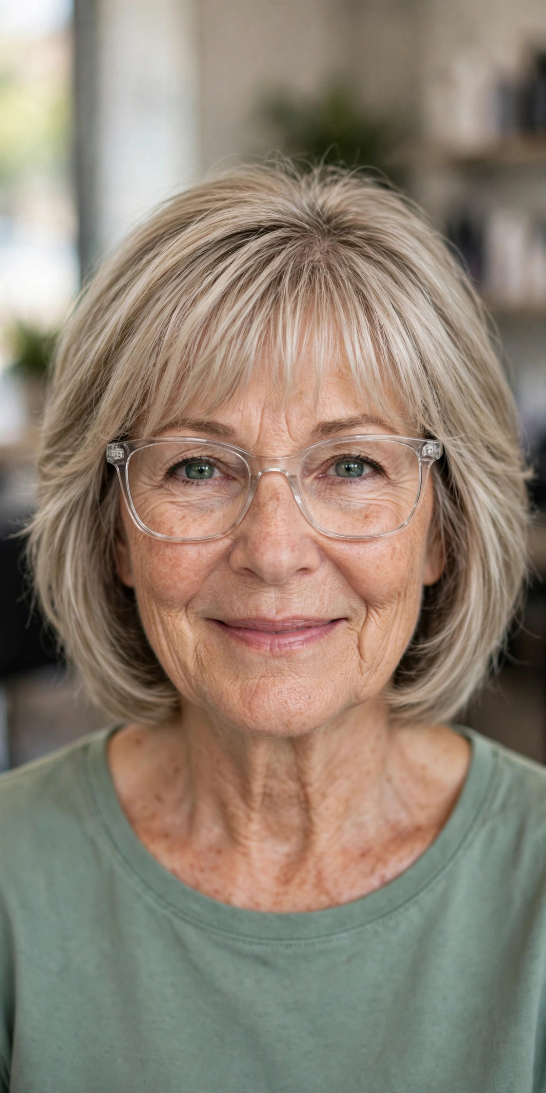 Soft feathered bob with wispy fringe and clear frame glasses on a woman over 50