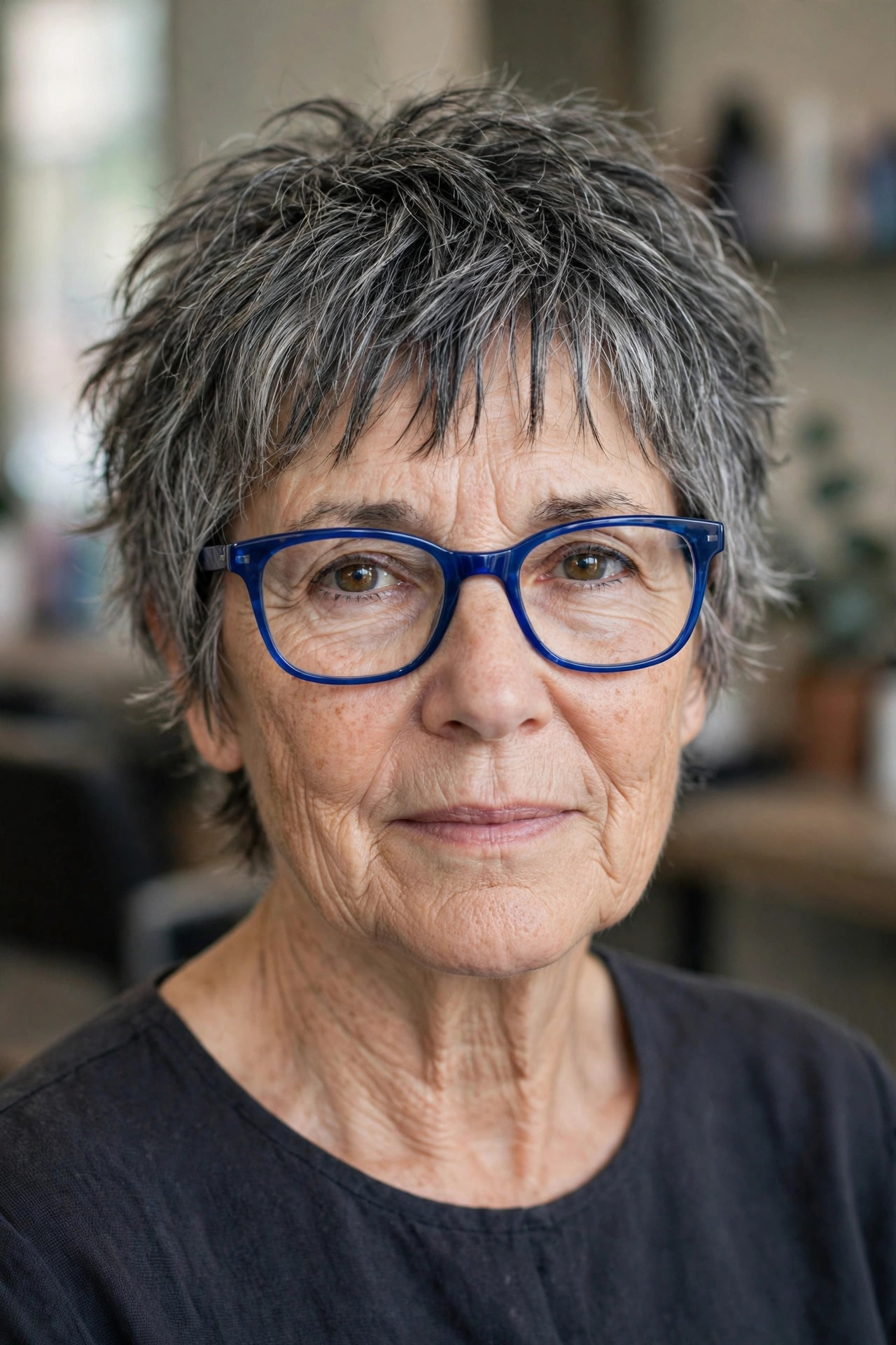 Short shag haircut with choppy salt and pepper layers and blue glasses on a woman over 50