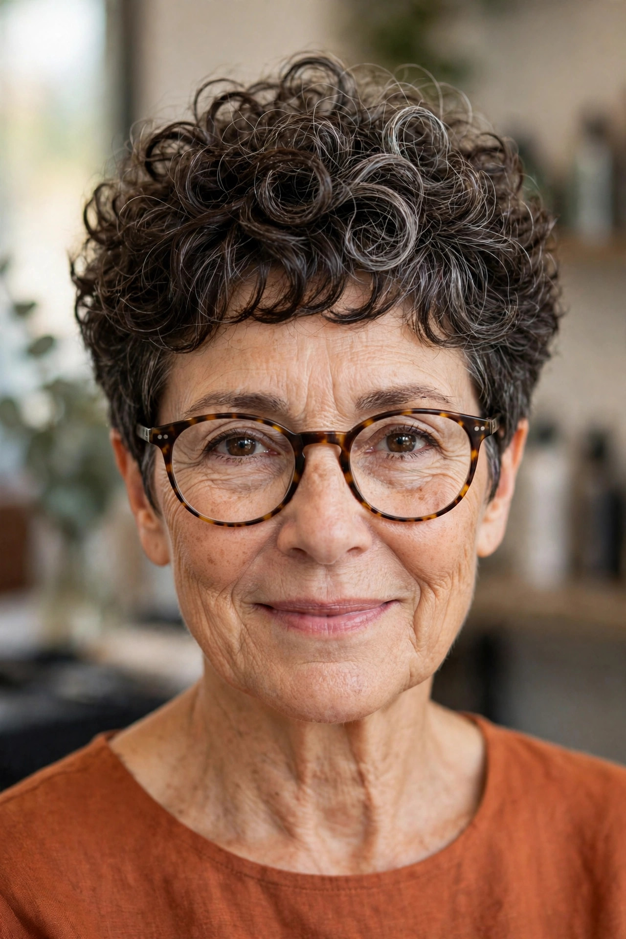 Curly pixie bob with volume on top and round tortoiseshell glasses on a woman over 50
