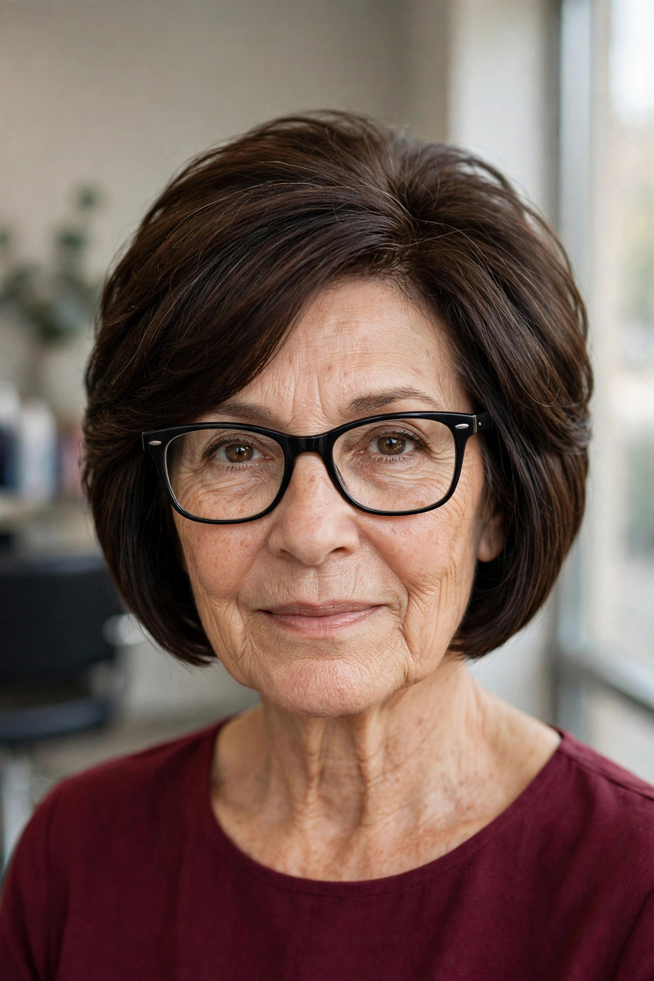 Stacked bob with graduated nape and black wayfarer glasses on a woman over 50
