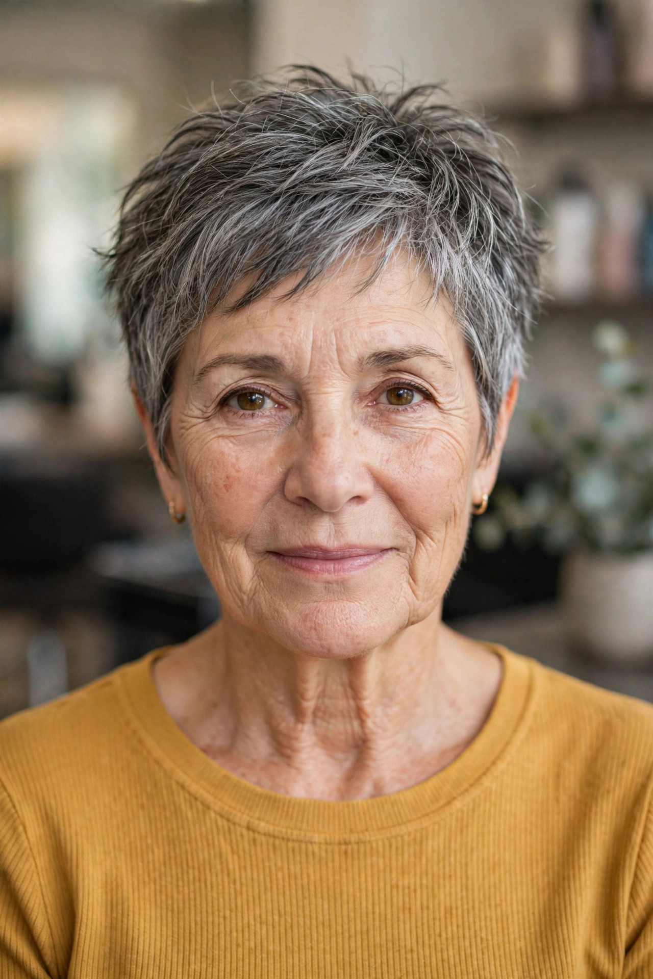 Choppy Salt-and-Pepper Crop on a woman over 50 - short hairstyle idea 13