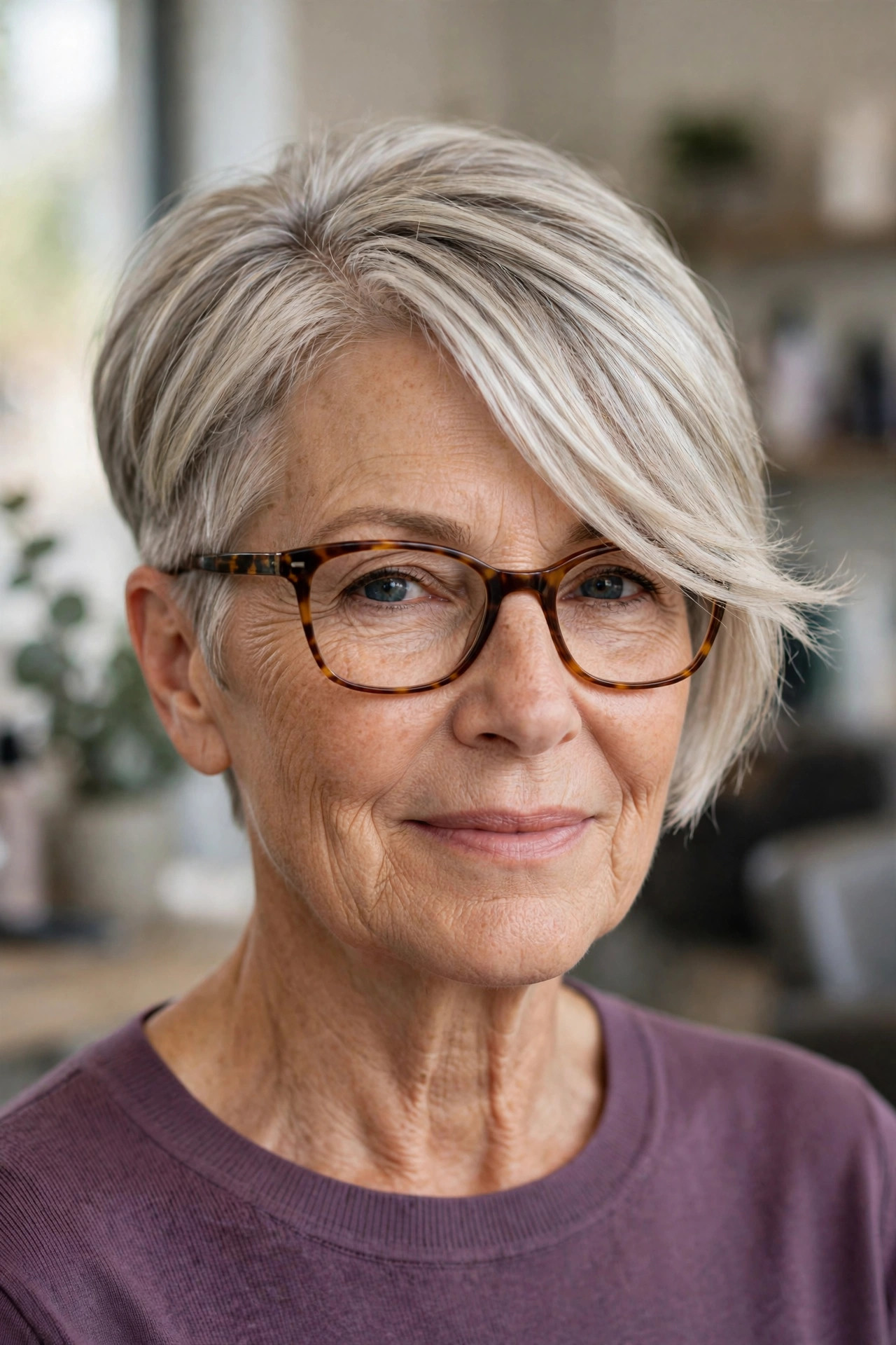 Side-Swept Pixie for Glasses on a woman over 50 - short hairstyle idea 14