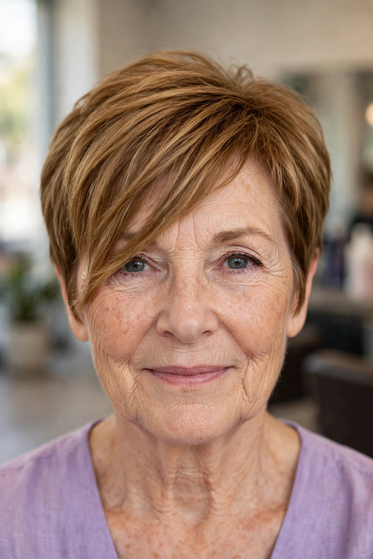 Pixie with Long Side Bangs on a woman over 50 - short hairstyle idea 24