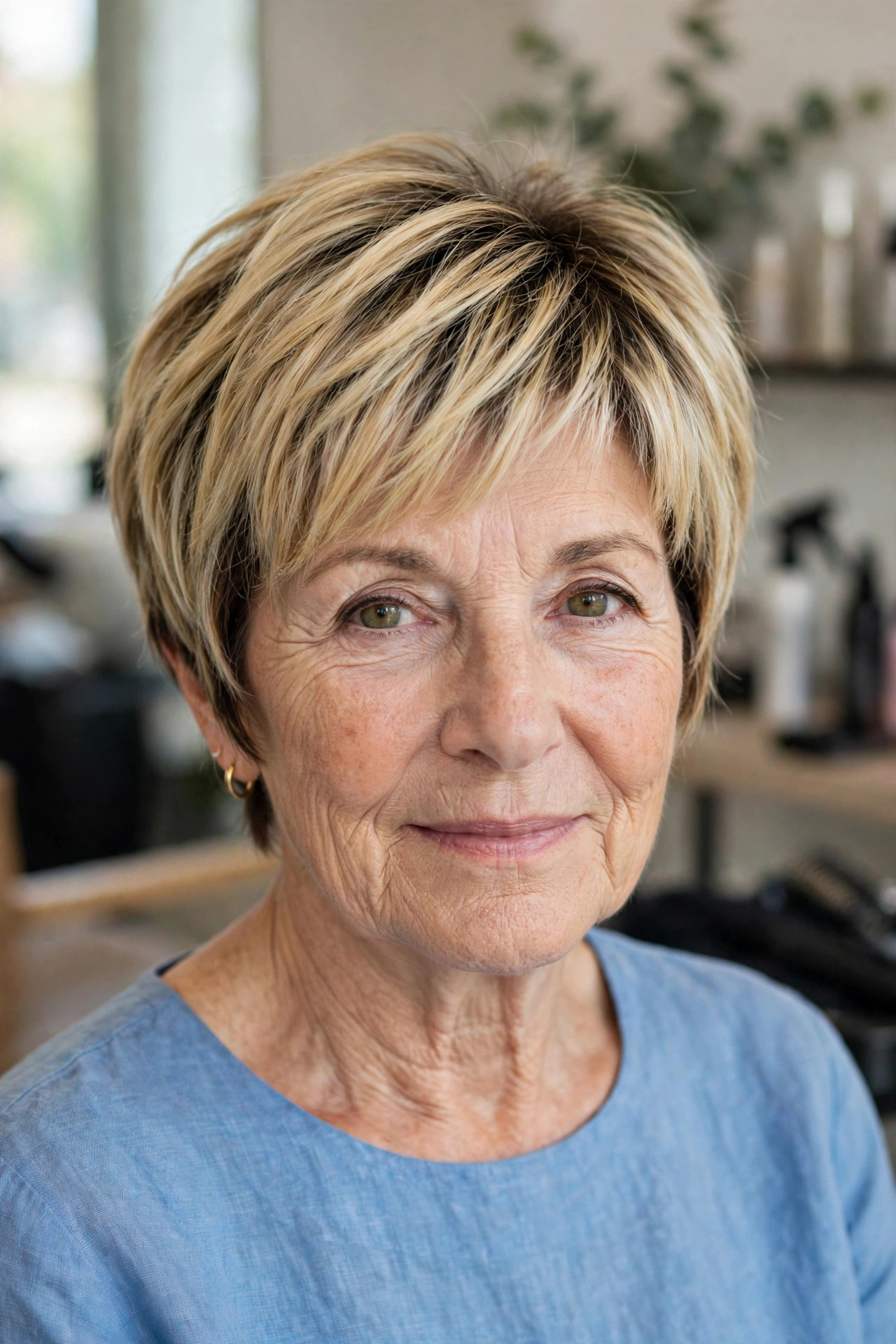 Blonde Pixie Bob with a Root Shadow on a woman over 50 - short hairstyle idea 30
