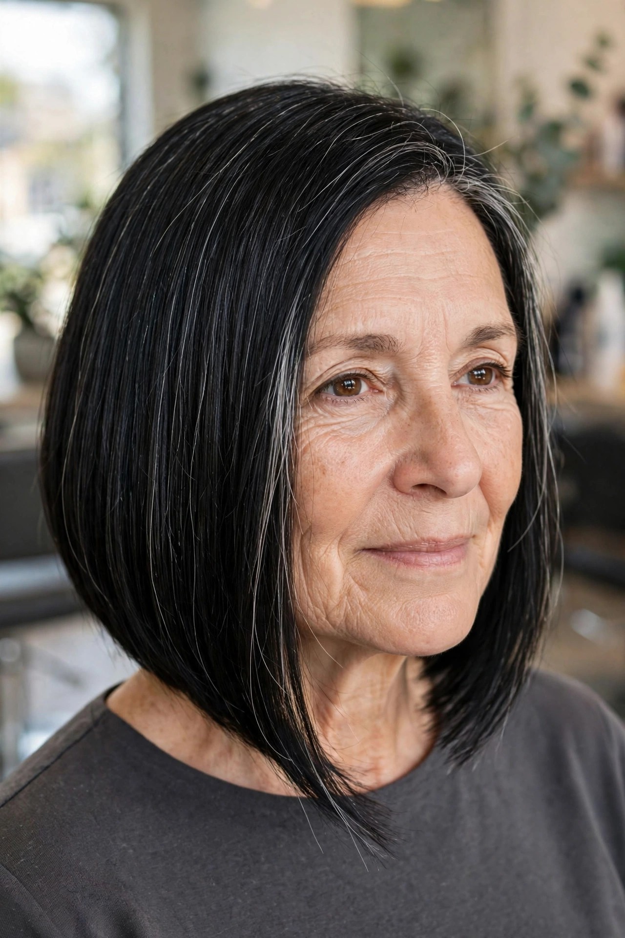 Sleek A-Line Bob - short hairstyle for a woman over 50 with thick coarse hair