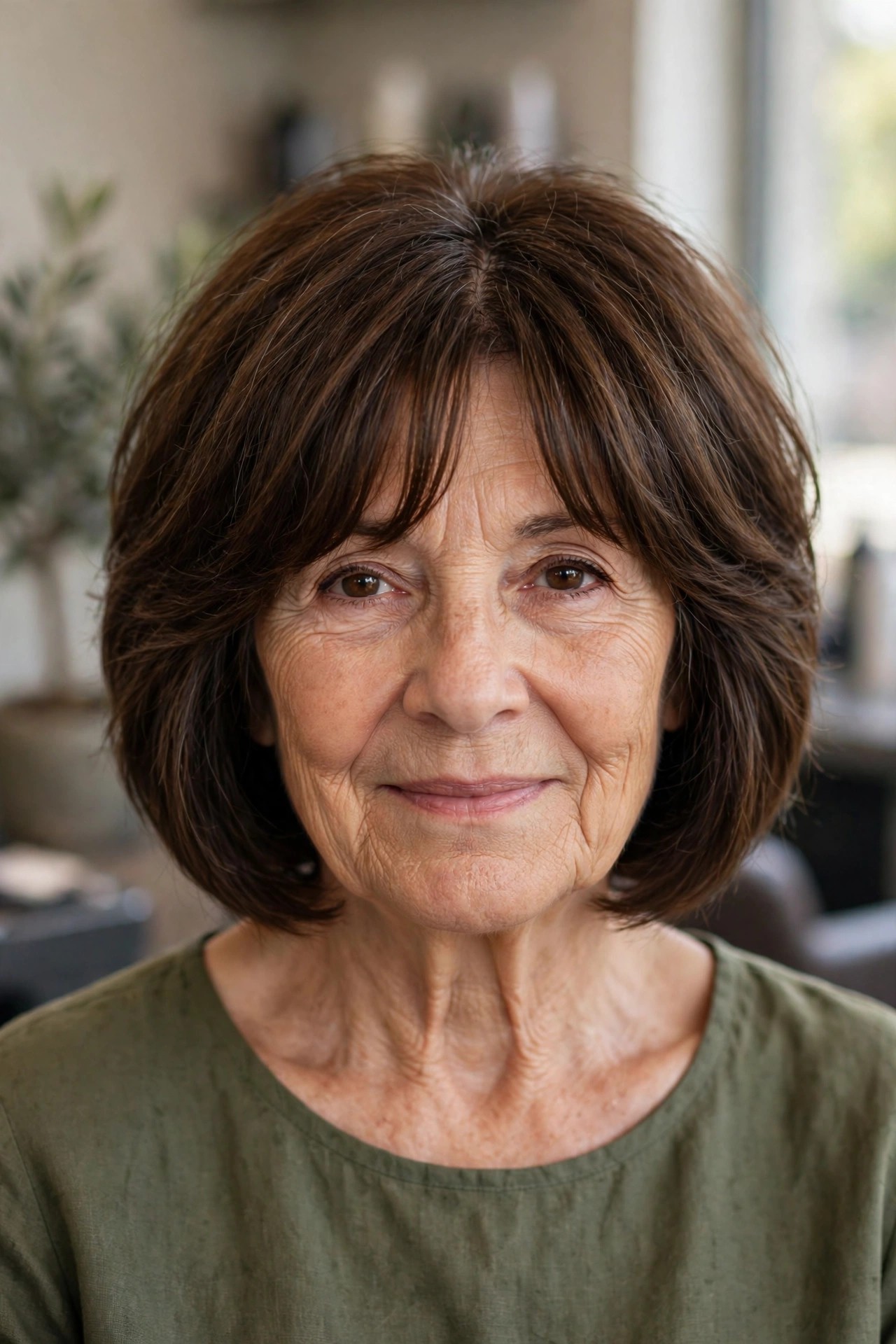 Layered Bob with Curtain Bangs - short hairstyle for a woman over 50 with thick coarse hair
