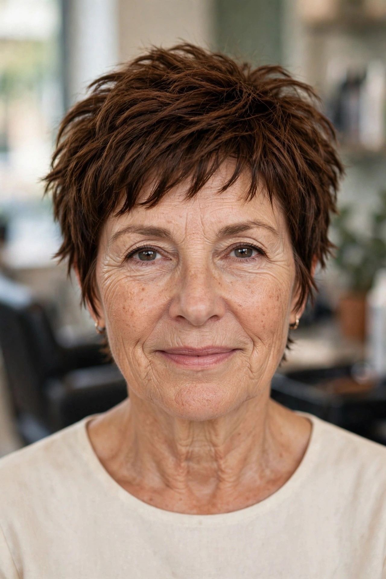 Choppy Layered Crop - short hairstyle for a woman over 50 with thick coarse hair