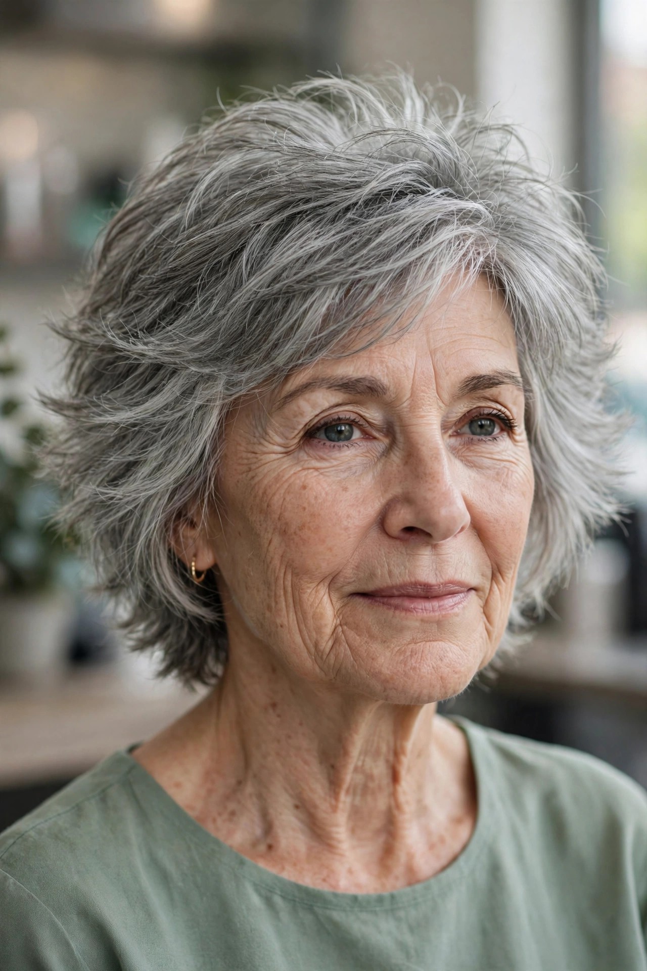Feathered Short Shag - short hairstyle for a woman over 50 with thick coarse hair
