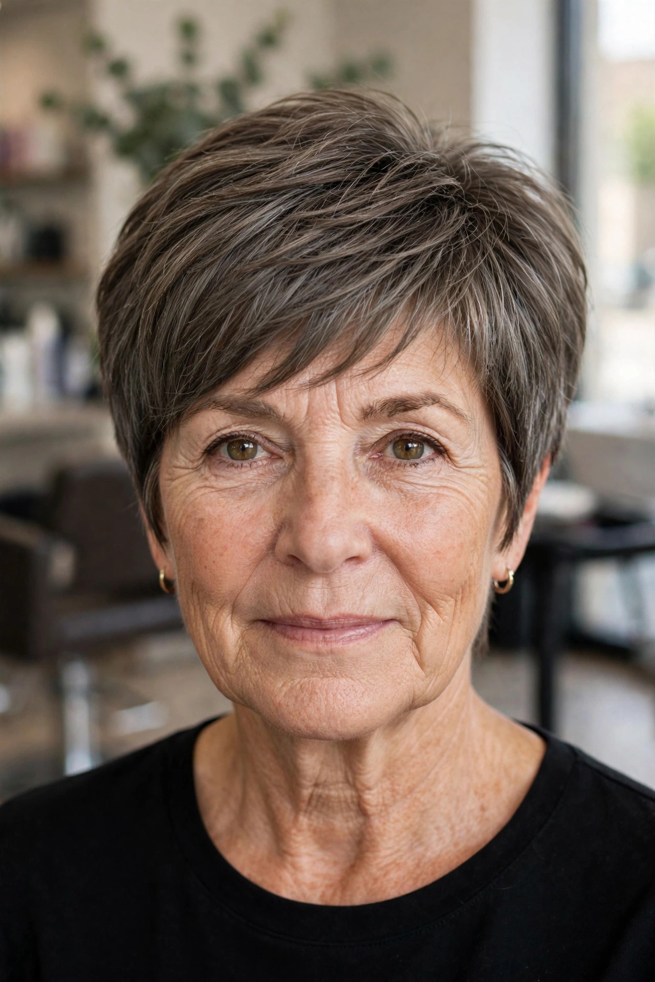 Pixie Bob with Internal Layers - short hairstyle for a woman over 50 with thick coarse hair