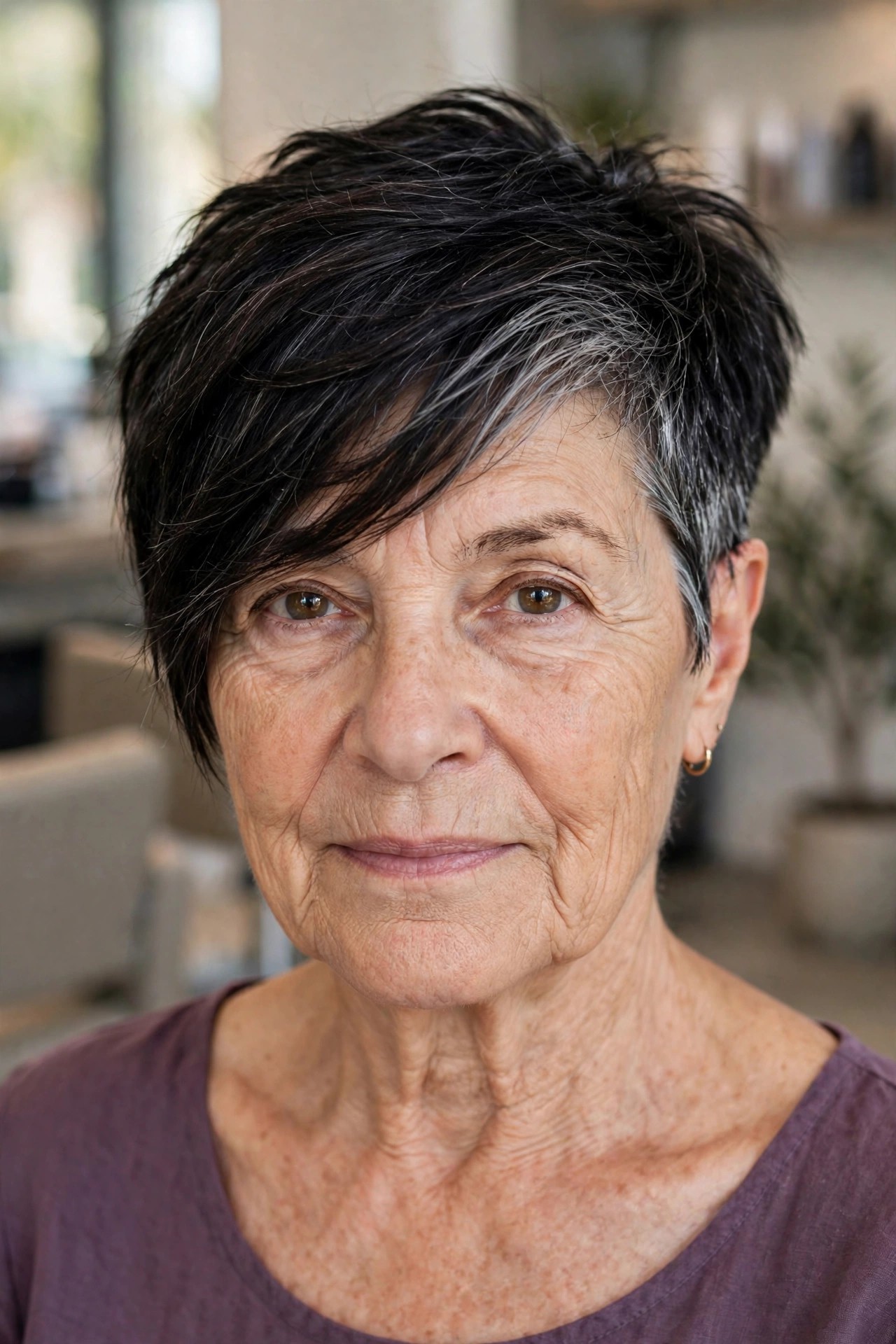 Asymmetrical Crop - short hairstyle for a woman over 50 with thick coarse hair