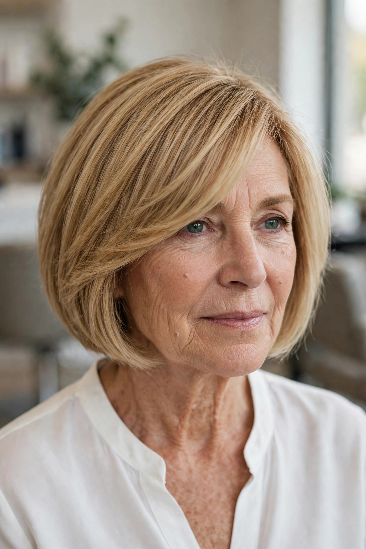 Short Bob with Side-Swept Bangs - short hairstyle for a woman over 50 with thick coarse hair