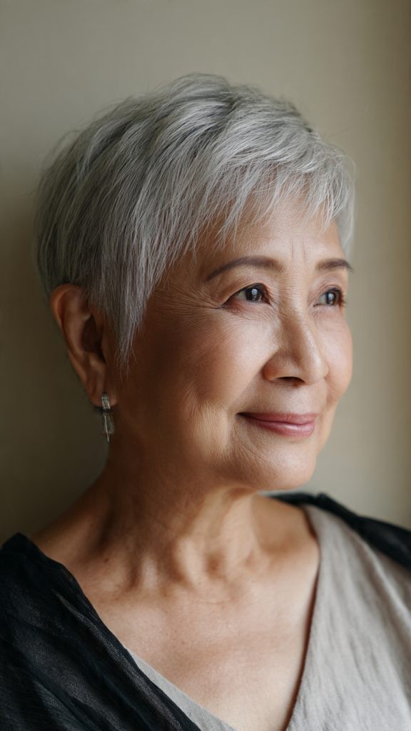 Woman over 70 with a neat silver crop with a gentle fringe — short hairstyle for women over 70