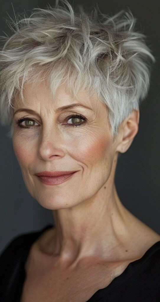 Woman over 70 with a piecey white pixie — short hairstyle for women over 70