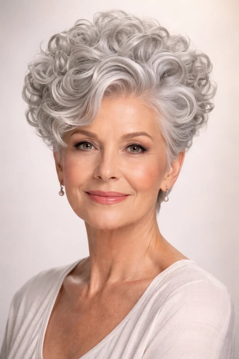 Woman over 70 with a silver curly halo bob — short hairstyle for women over 70
