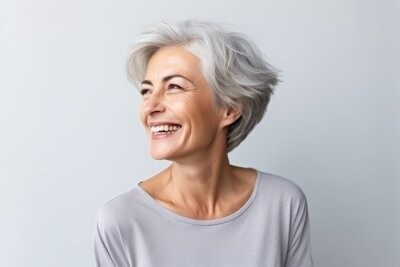 Woman over 70 with a side-swept layered crop — short hairstyle for women over 70