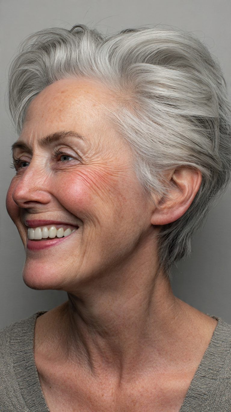 Woman over 70 with a joyful layered silver crop — short hairstyle for women over 70