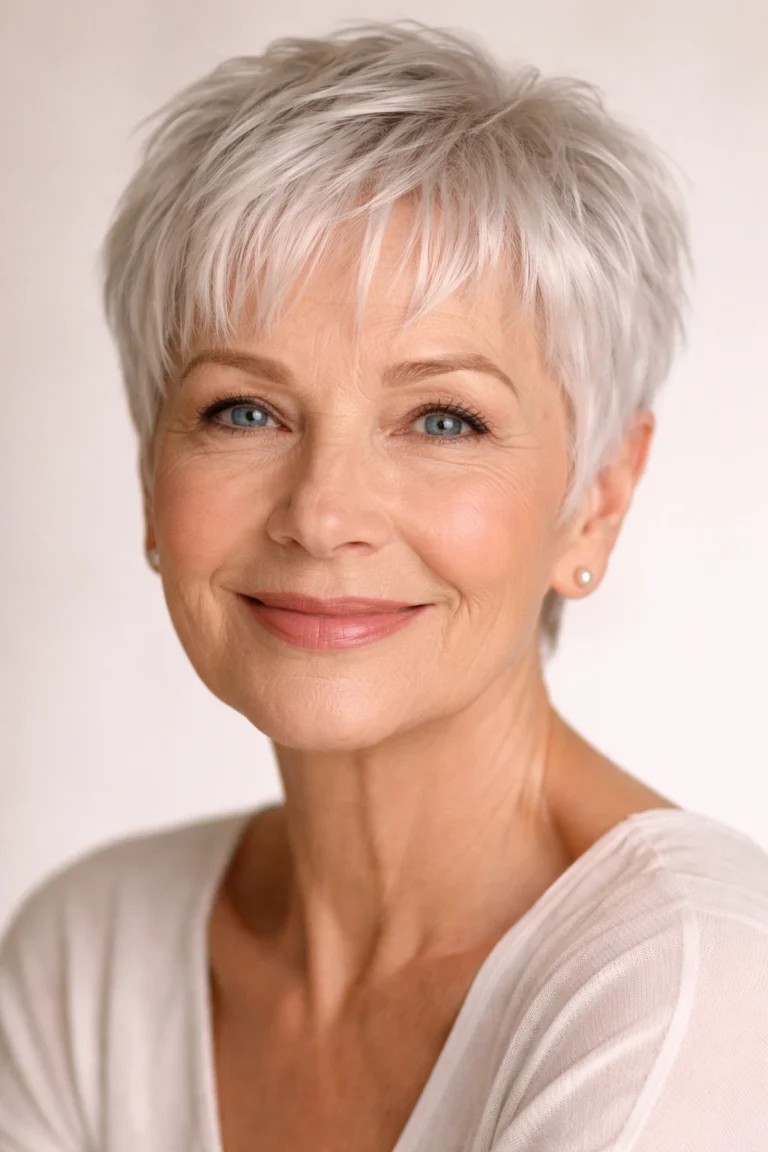 Woman over 70 with a feathered layered crop — short hairstyle for women over 70