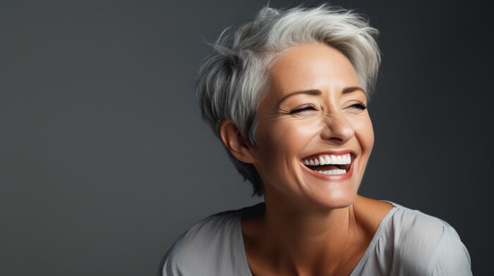 Woman over 70 with a windswept silver pixie — short hairstyle for women over 70