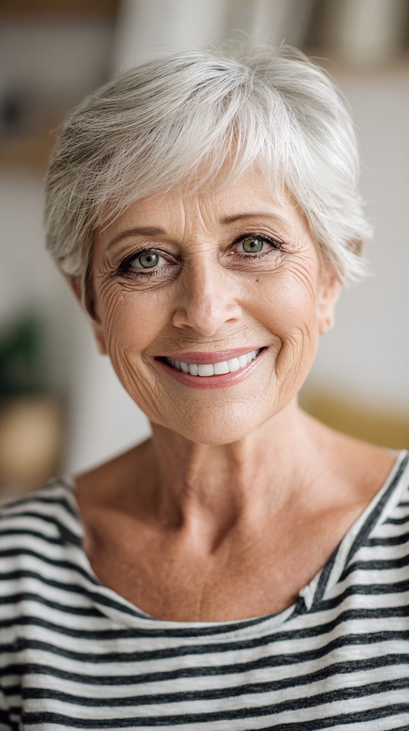 Woman over 70 with a friendly fringed silver crop — short hairstyle for women over 70