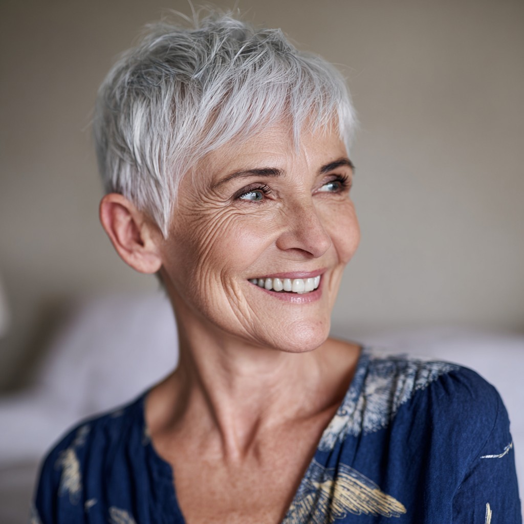 Woman over 70 with a close tapered crop for fine hair — short hairstyle for women over 70