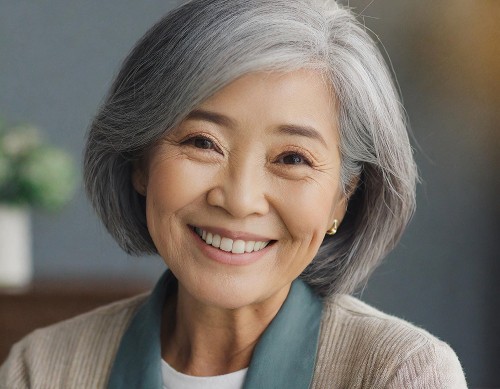 Woman over 70 with a classic gray bob with a smooth finish — short hairstyle for women over 70