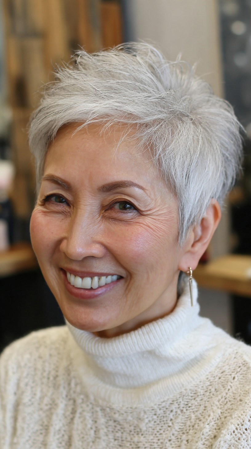 Woman over 70 with a layered pixie with a soft neckline — short hairstyle for women over 70