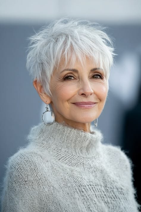 Woman over 70 with a snow-white textured pixie — short hairstyle for women over 70