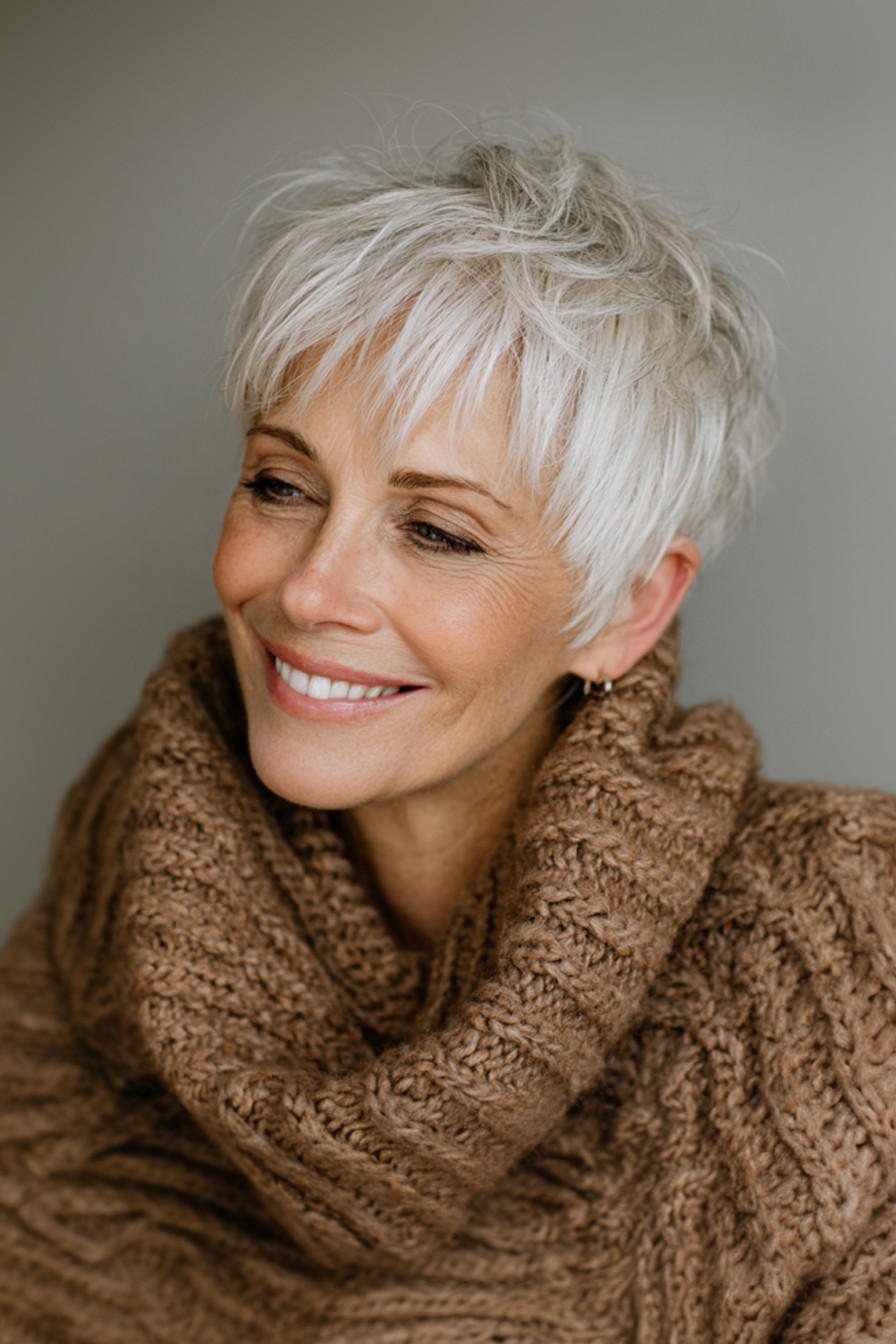 Woman over 70 with a cozy feathered pixie with wispy bangs — short hairstyle for women over 70